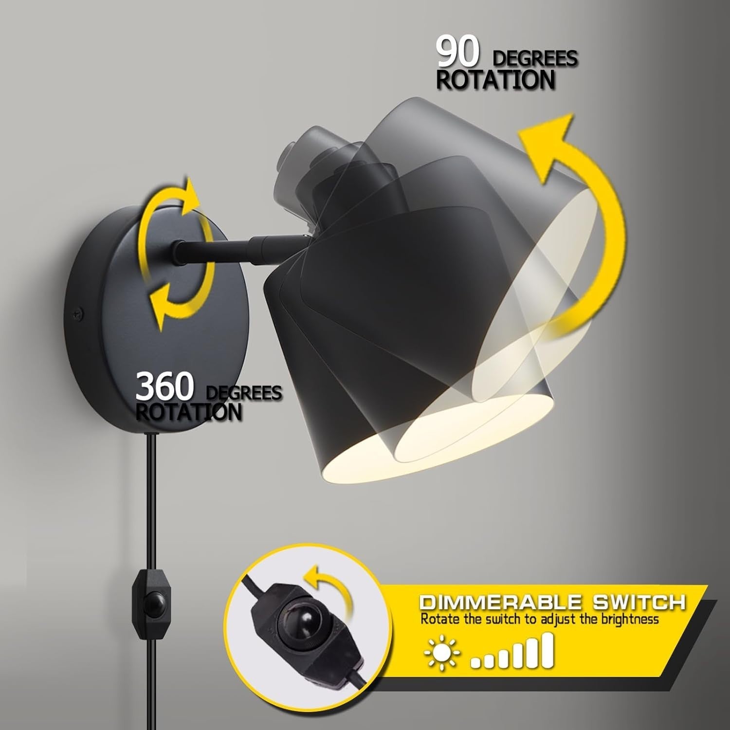 Dimmable 360° Rotatable Wall Lamp, Plug-In LED Sconce Light for Bedroom