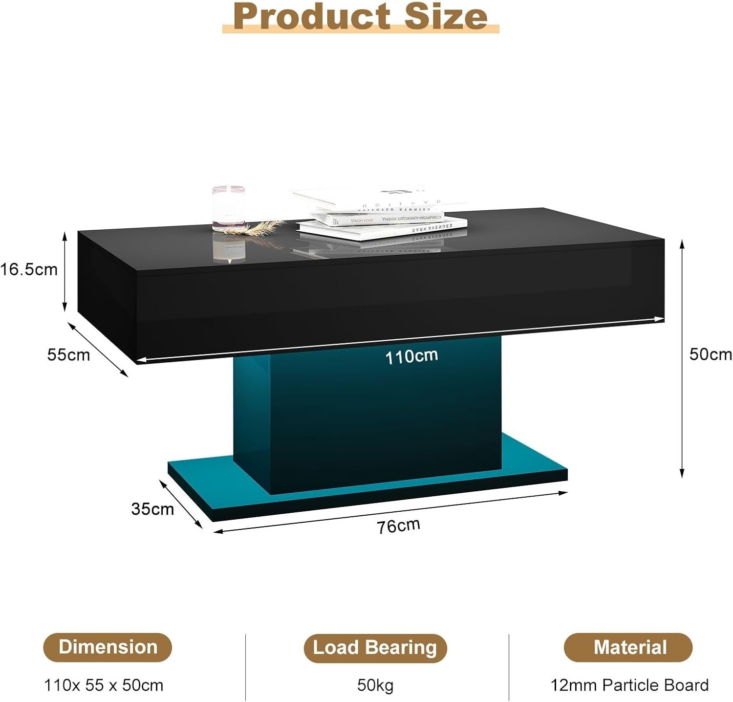 Modern Black LED Coffee Table, High Gloss Rectangular 110x55cm
