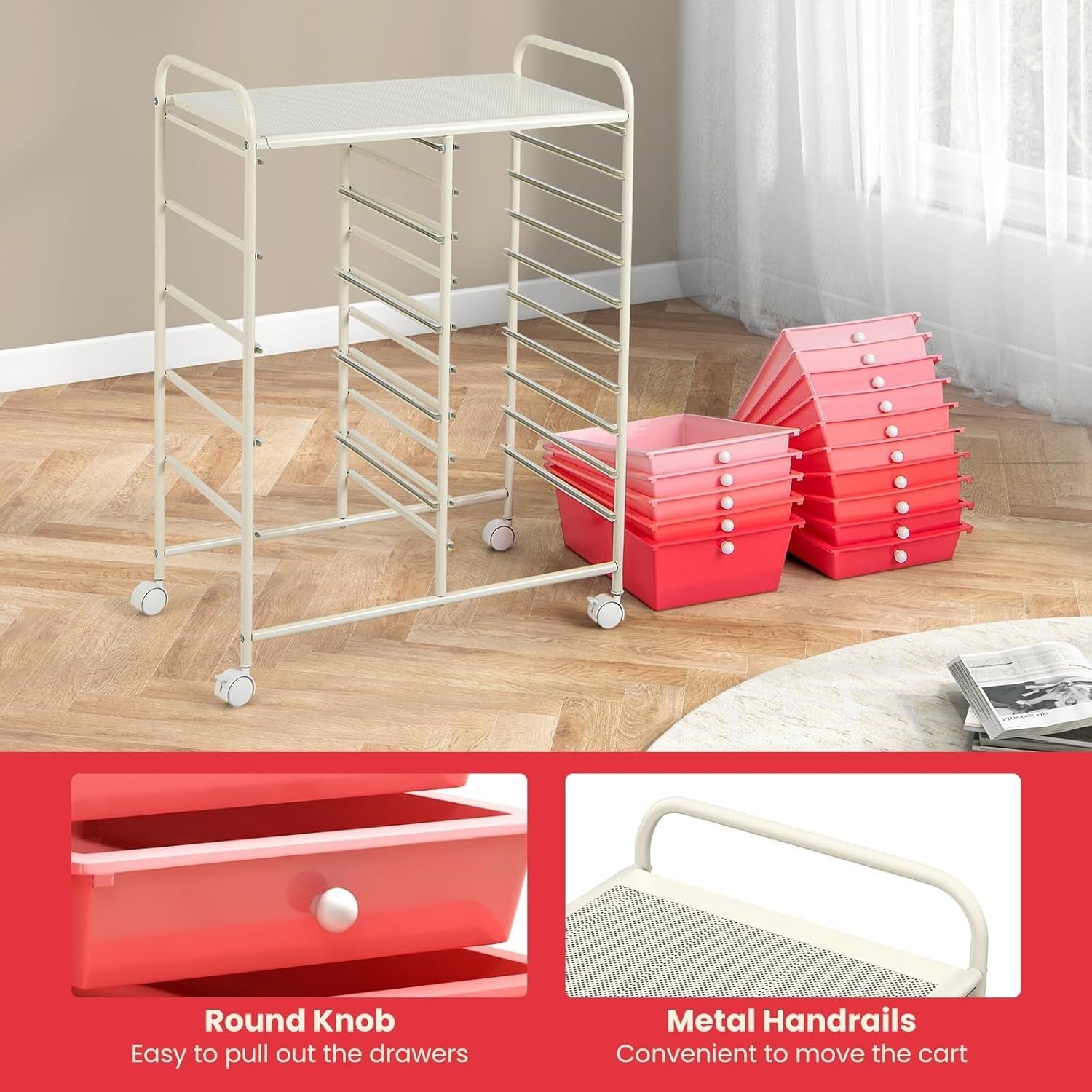 Gradient Pink 15 Drawer Rolling Storage Cart Beauty Craft Organizer