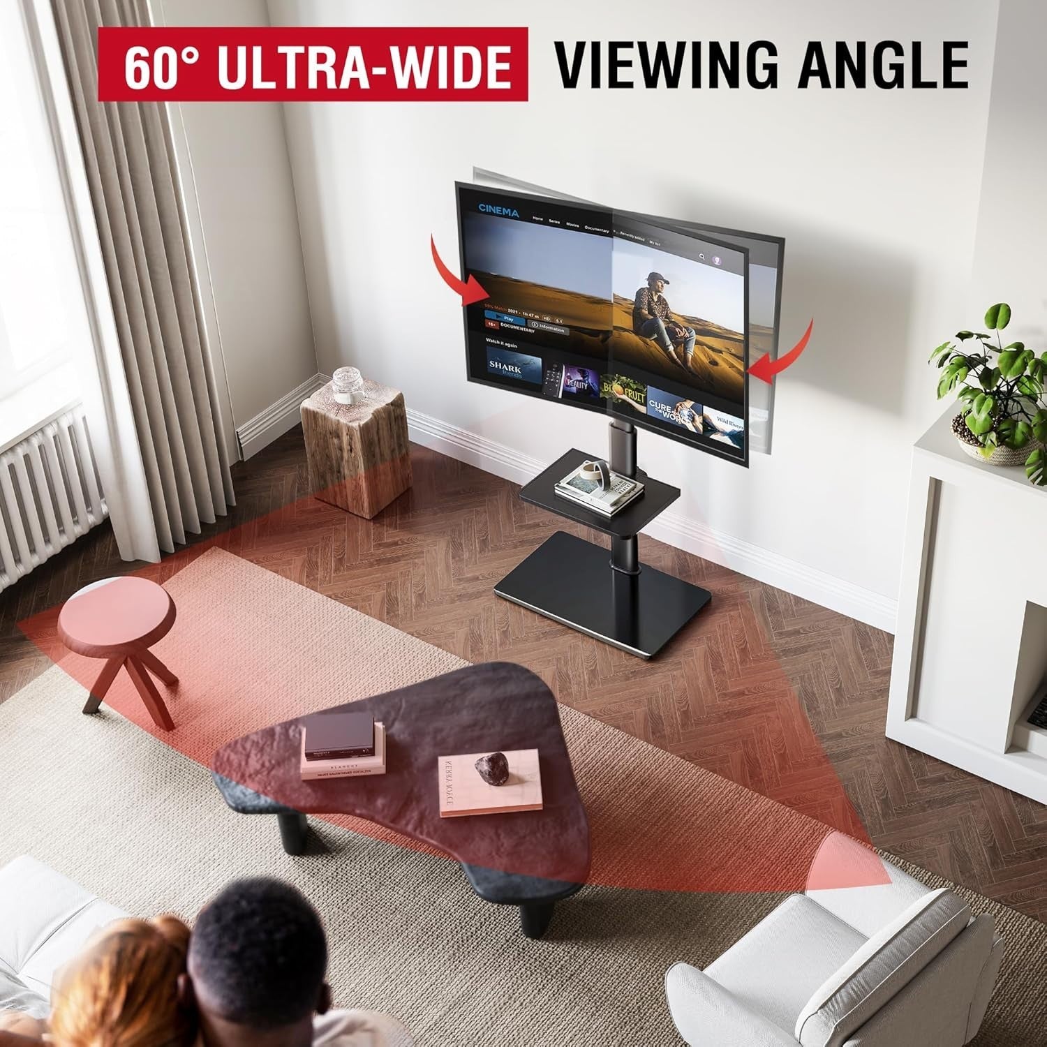 TV Floor Stand 32–70” with Shelf, Tilt & Swivel, Height Adjustable, VESA