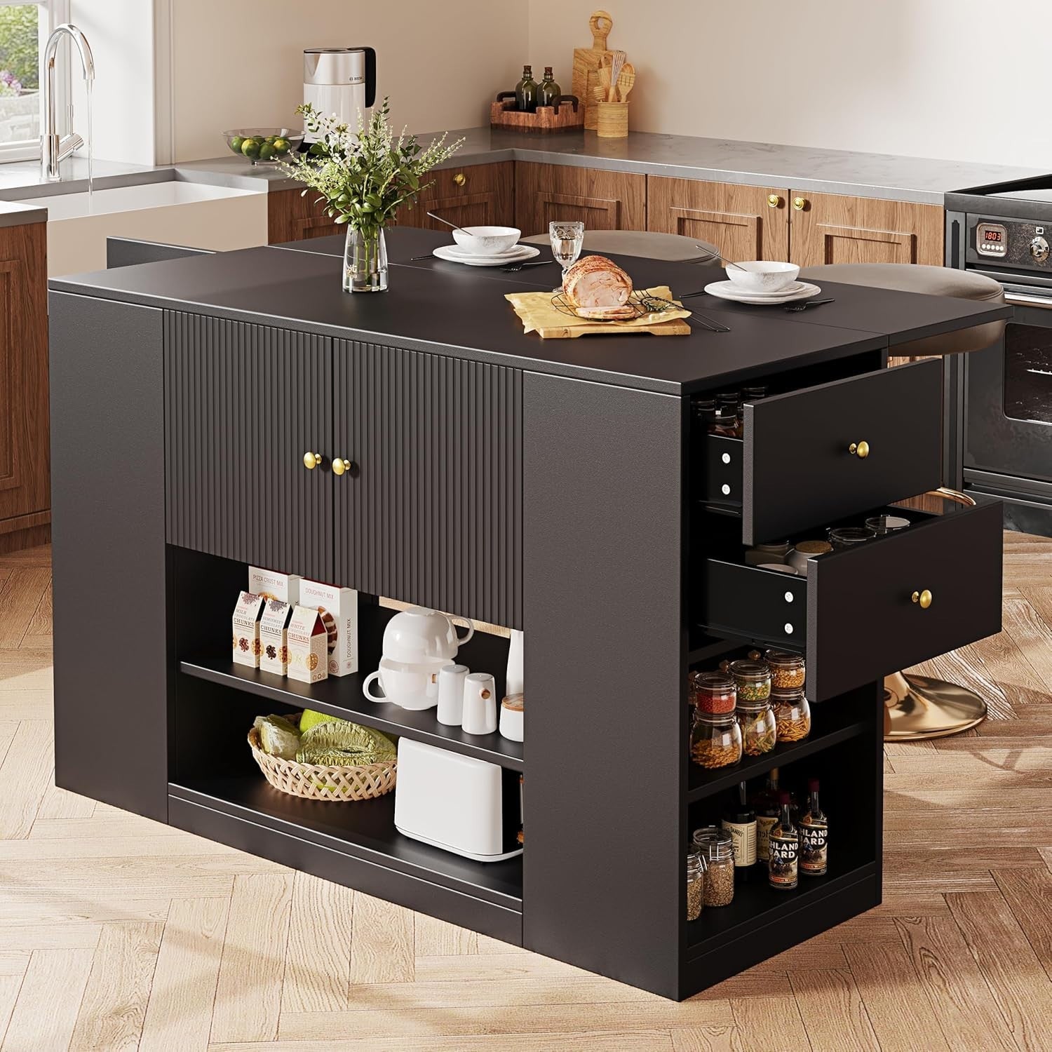 Black Kitchen Island Fold Out Table Storage Cabinet 140cm