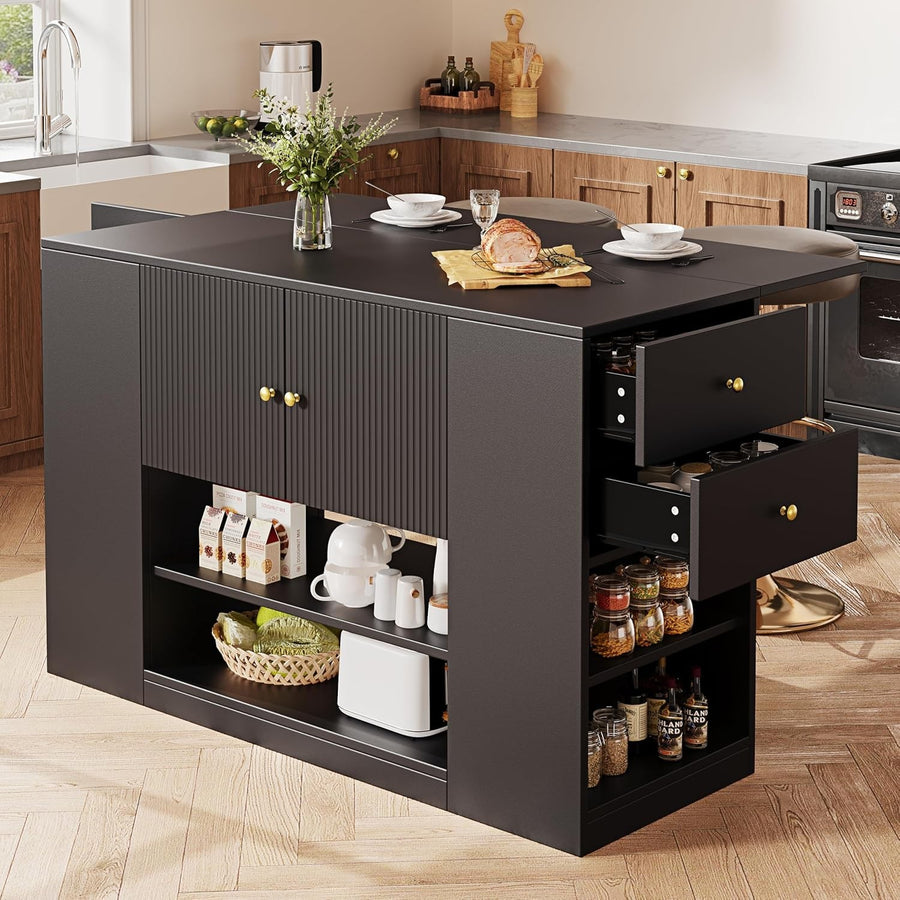 Black Kitchen Island Fold Out Table Storage Cabinet 140cm