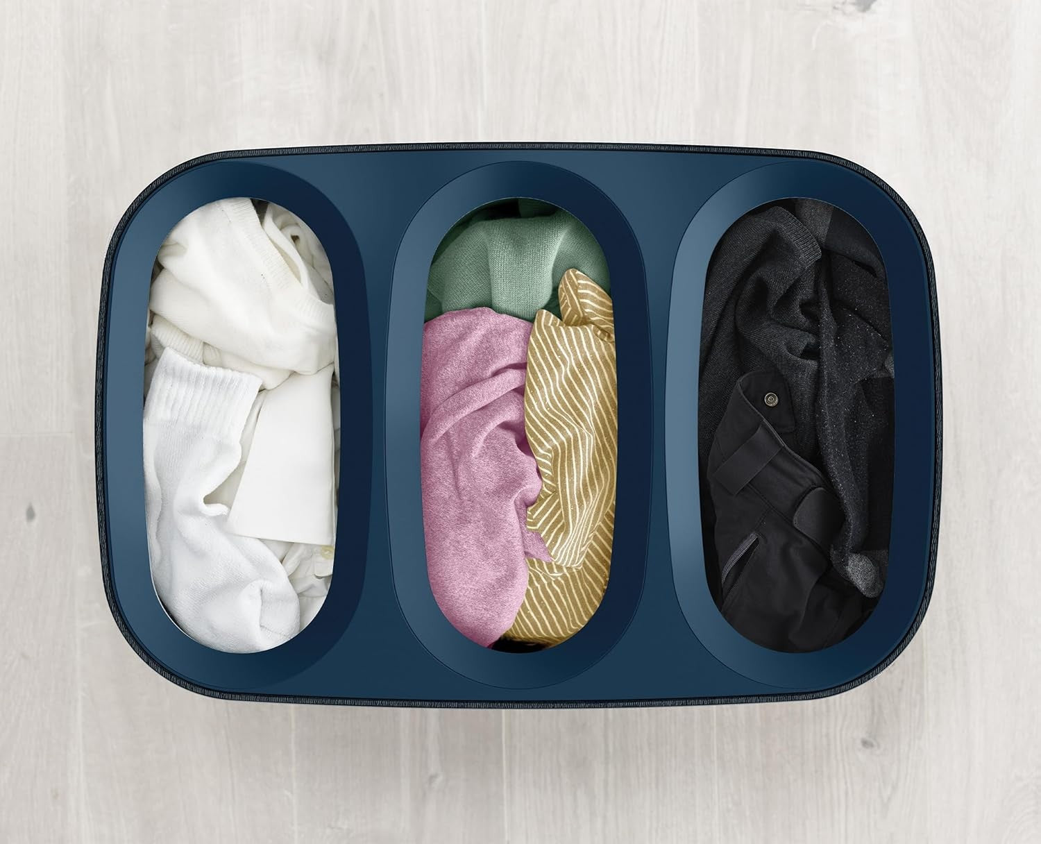 90L Trio Laundry Basket with Lid 3 Removable Wash Bags Black Dark Blue Modern