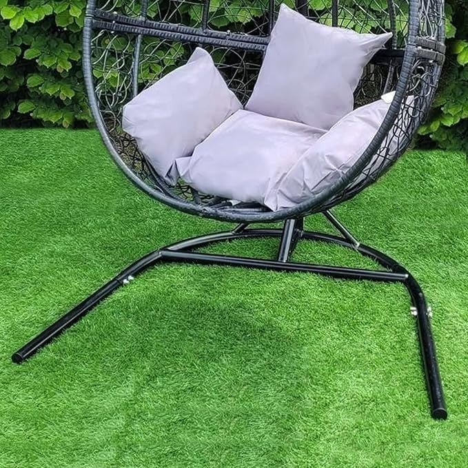 Hanging Egg Chair with Stand & Cushions Black Rattan Swing Indoor Outdoor