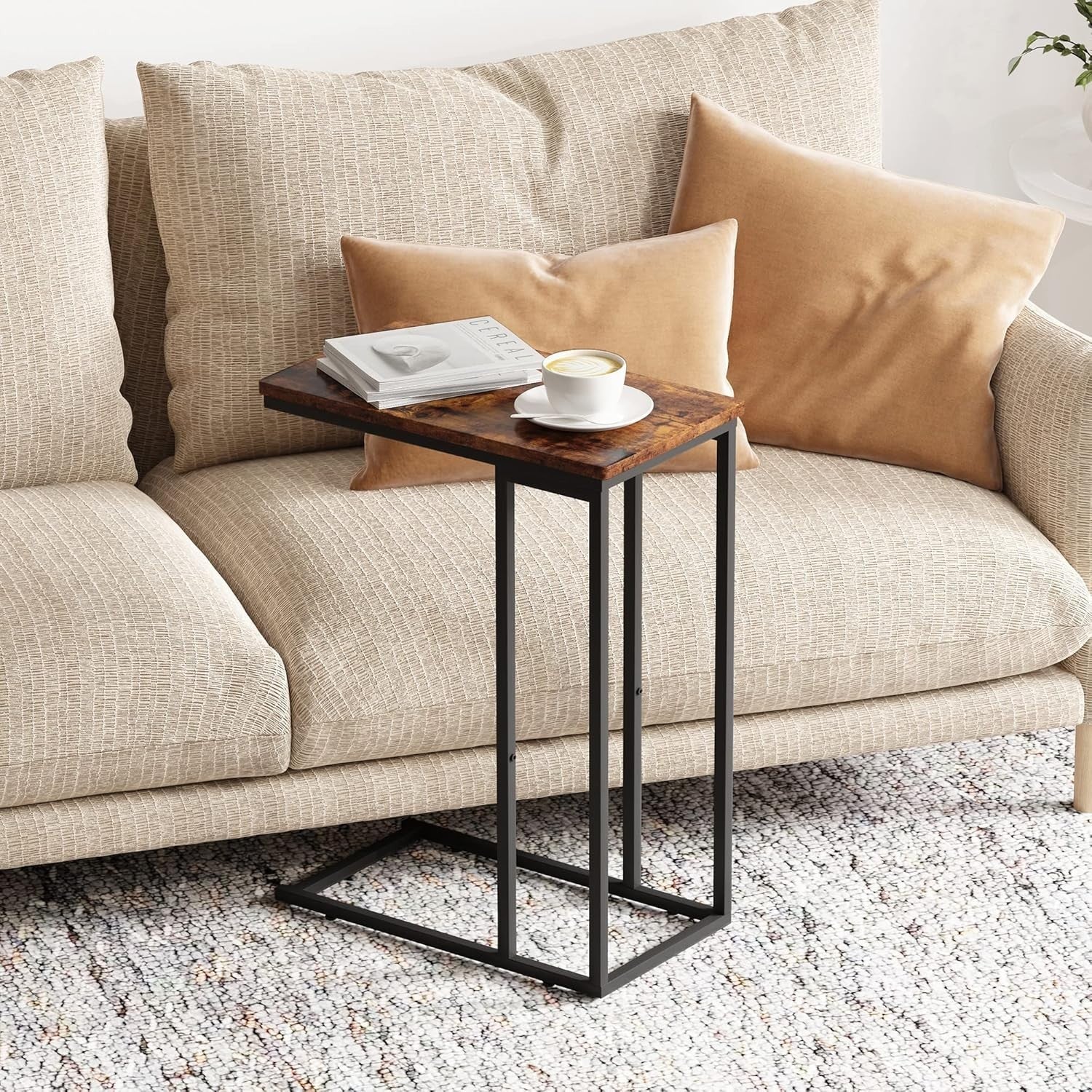 Slim C-Shaped Side Table for Sofa Bed, Rustic Brown Laptop & Snack Tray