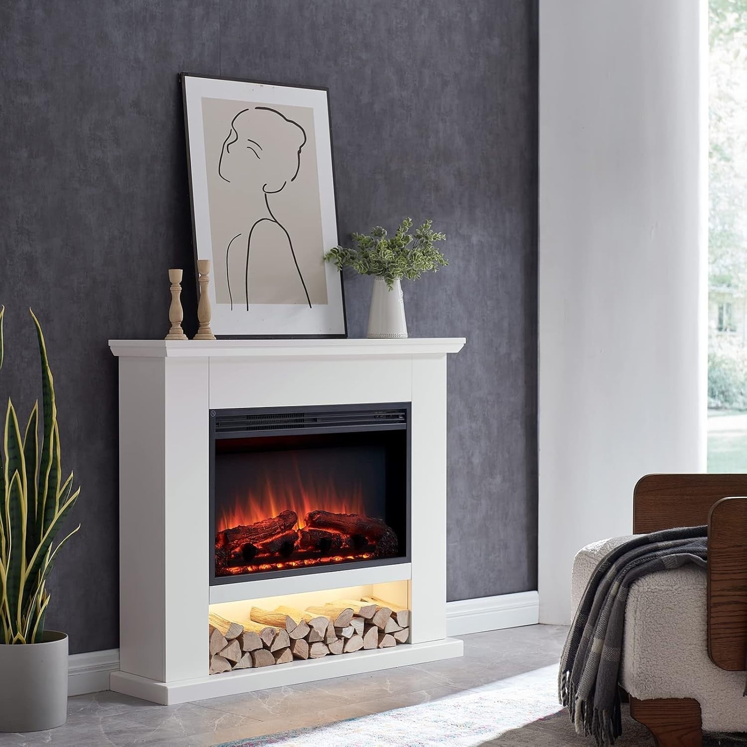 Electric Fireplace Suite 2000W Heater LED Flame Effect Remote Modern
