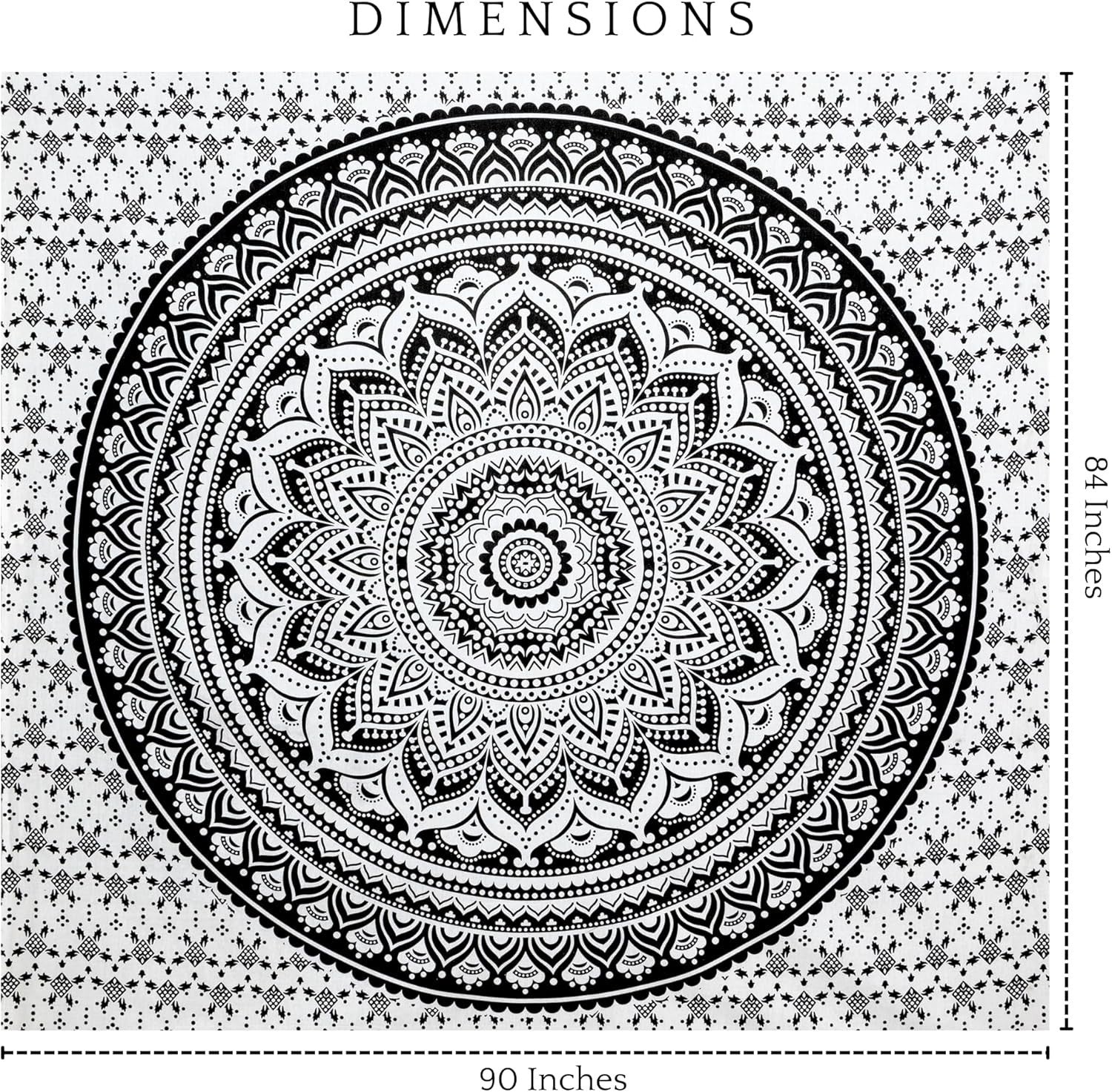 Black Mandala Cotton Tapestry 213x230cm Boho Wall Hanging