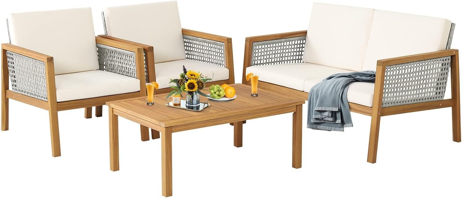 4PC Acacia Rattan Garden Sofa Set Outdoor Patio Seating w/ Table