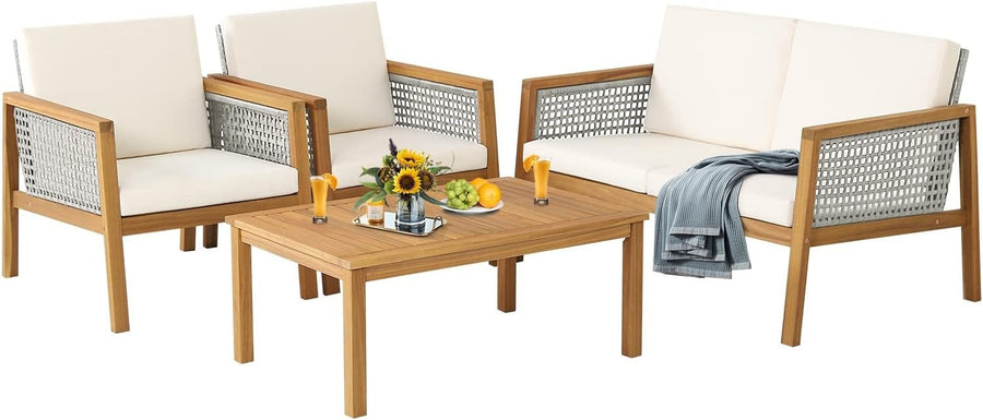 4PC Acacia Rattan Garden Sofa Set Outdoor Patio Seating w/ Table
