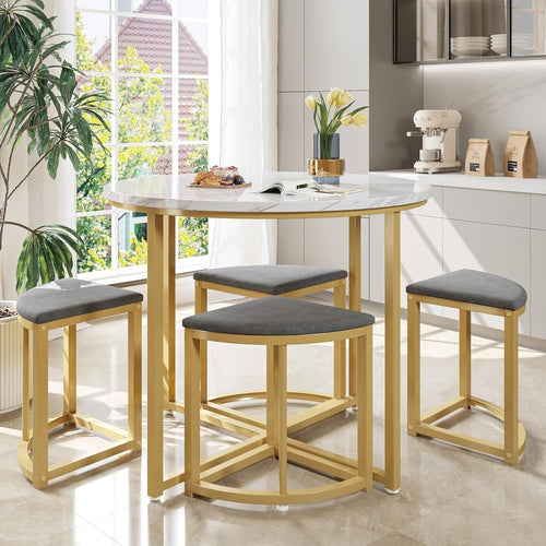 Round Marble Dining Table Set 4 Semi-Circular Stools Space-Saving Chairs