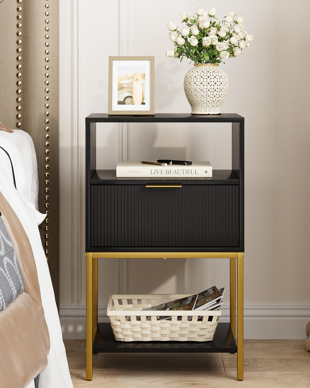 Modern Black Bedside Table with Gold Legs – 3-Tier Fluted Storage Nightstand
