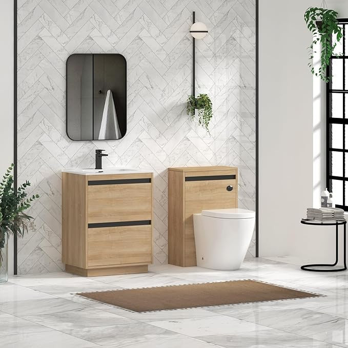 600mm Oak Floor Standing Vanity Unit with Basin Sink 2 Drawer Bathroom Cabinet