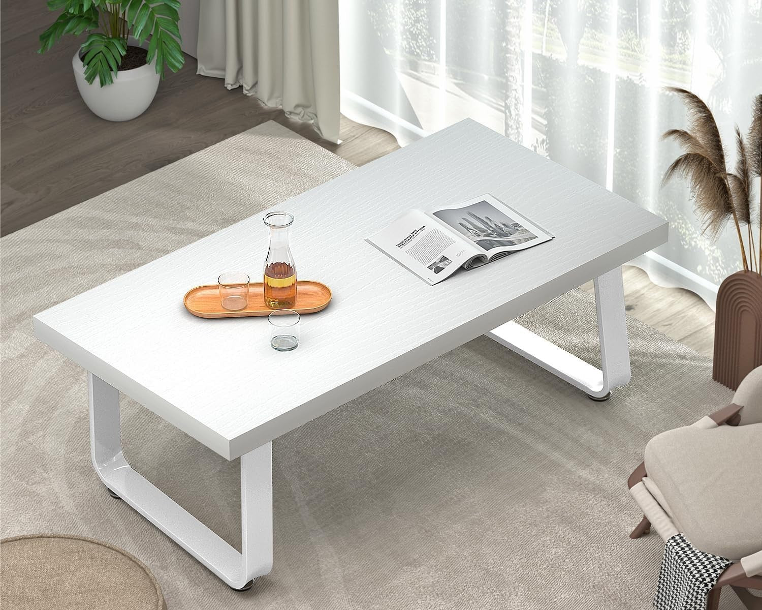 Modern White Oak Coffee Table 100cm Metal Frame Minimalist Living Room