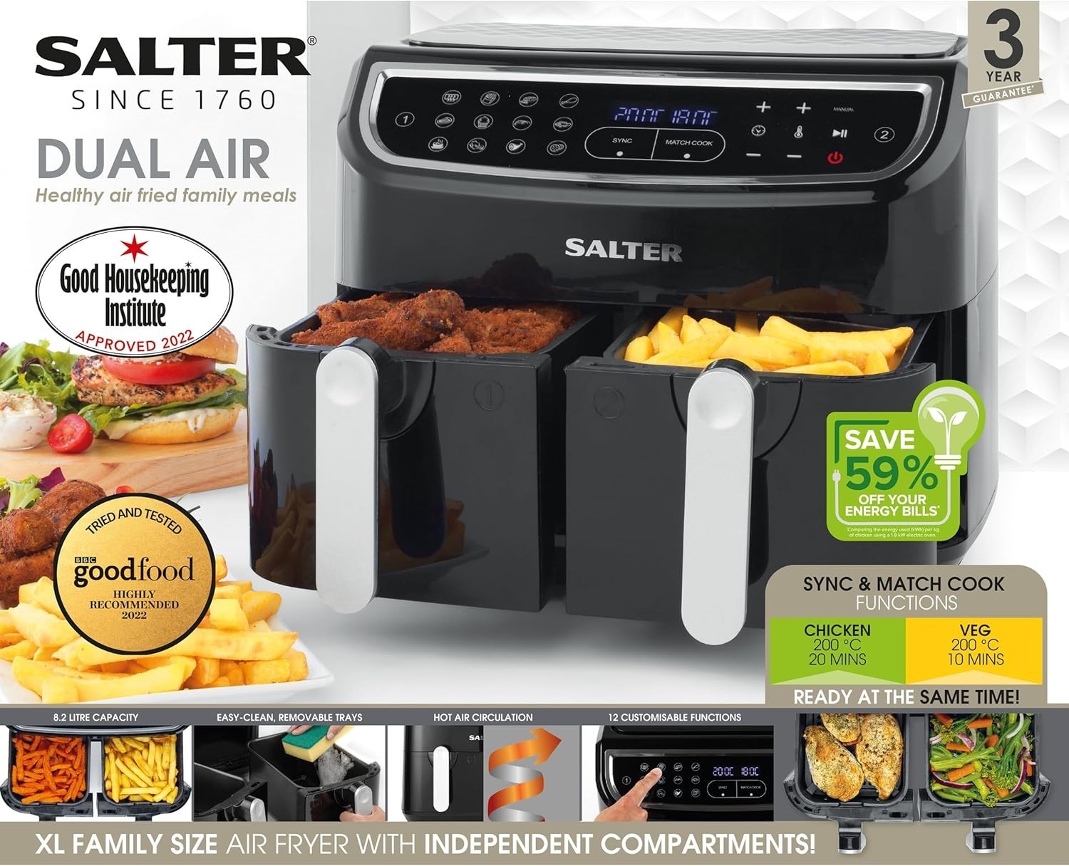 Dual Cook Air Fryer 9L | 12 Functions, Sync & Match, LED Touch, 1600W, Low-Oil
