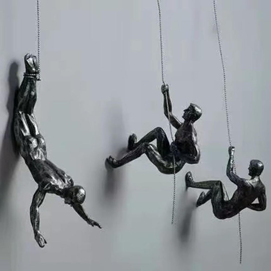 Climbing Man Wall Sculpture Set 3 Silver Resin 3D Art