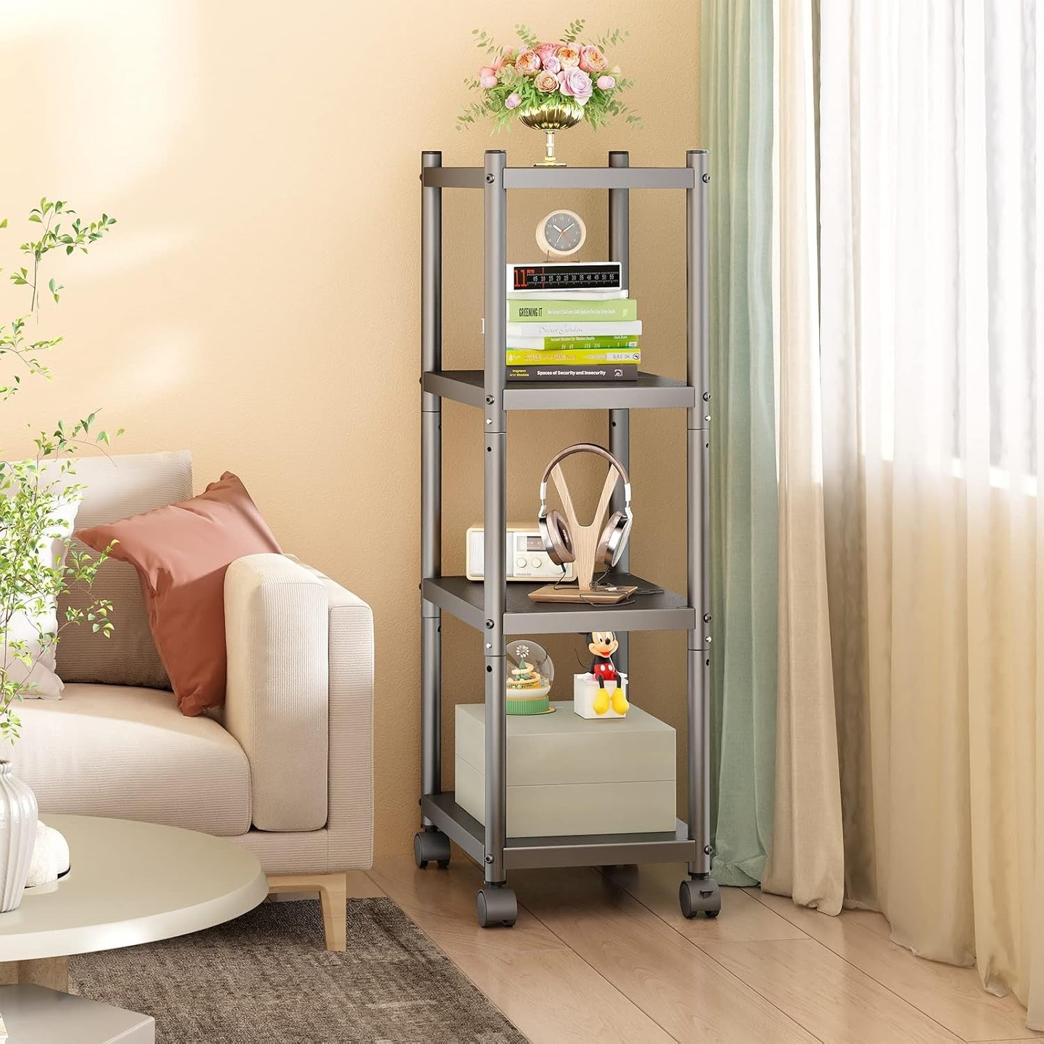 4 Tier Metal Storage Trolley on Wheels Narrow Shelving Unit Heavy Duty Rack