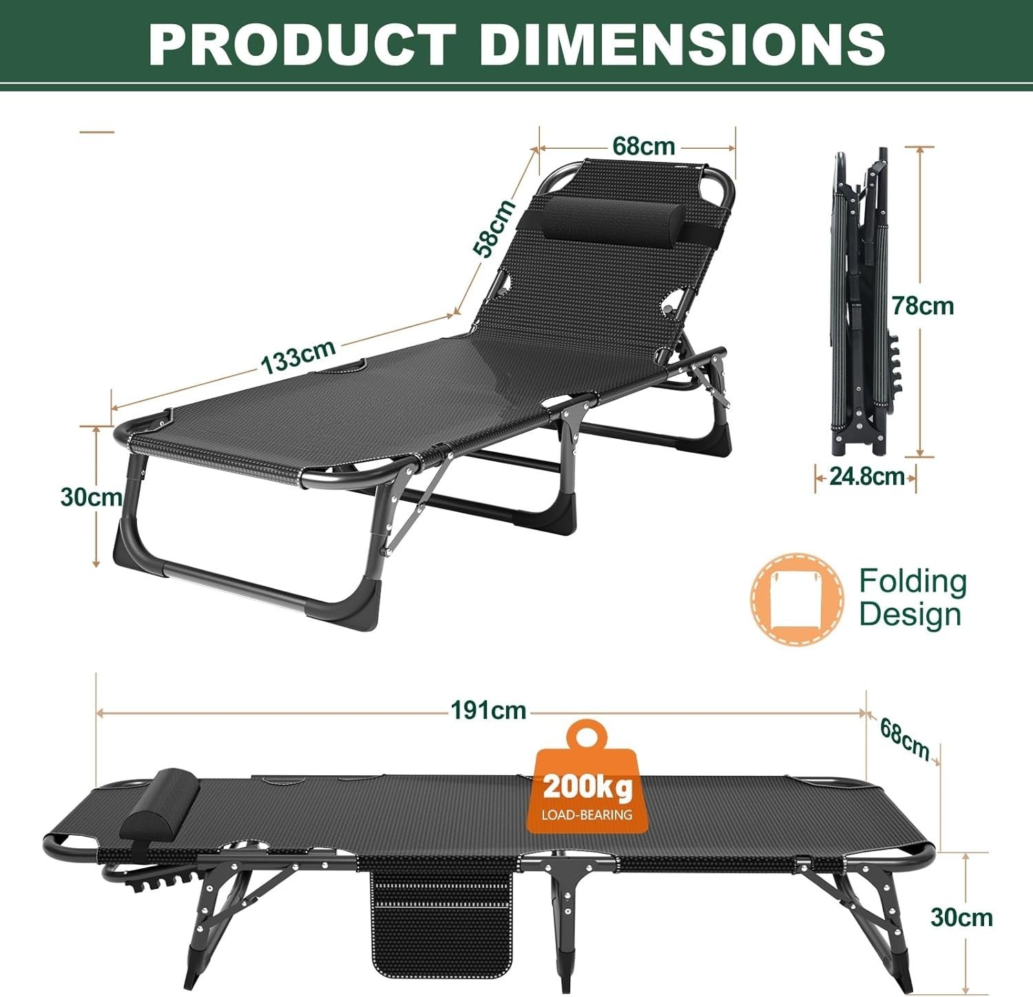 Adjustable Folding Sun Lounger with Cushion & Headrest, Portable Camping Bed