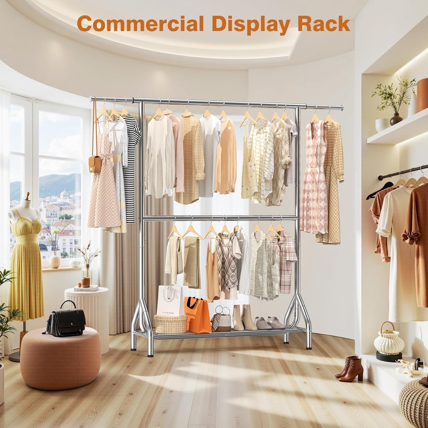 280KG Heavy Duty Double Clothes Rail with Shelves – Silver