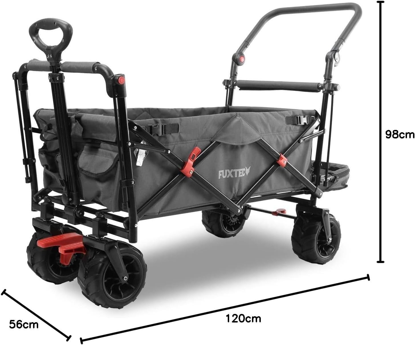 Grey Beach Wagon Foldable Cart w/ Roof Extra-Wide Wheels Push Handle & Brakes