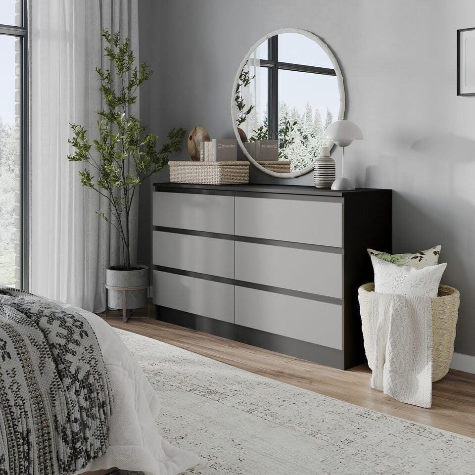6 Drawer Chest Black Grey Storage Cabinet Bedroom Office Modern Unit