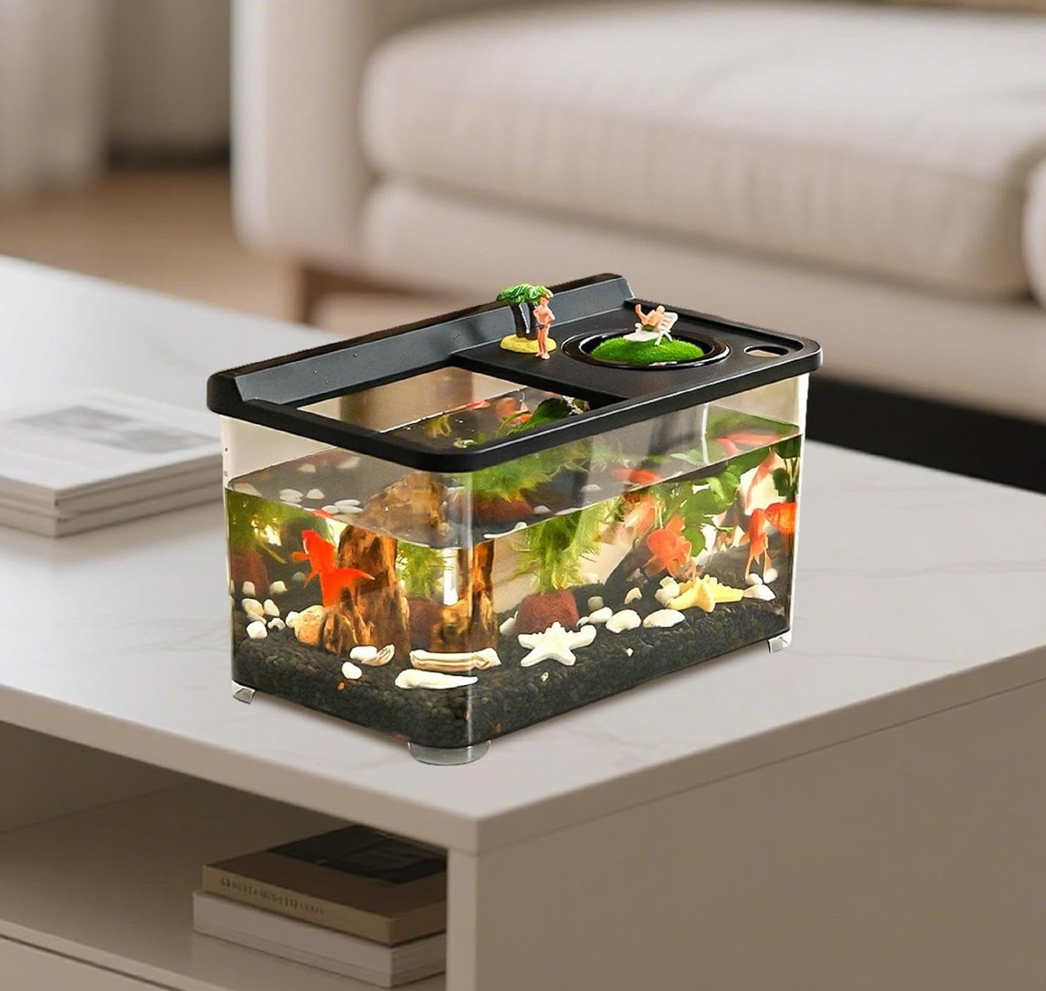 Small Fish Tank 3-Color LED Aquarium 360° Viewing Desk Living Room