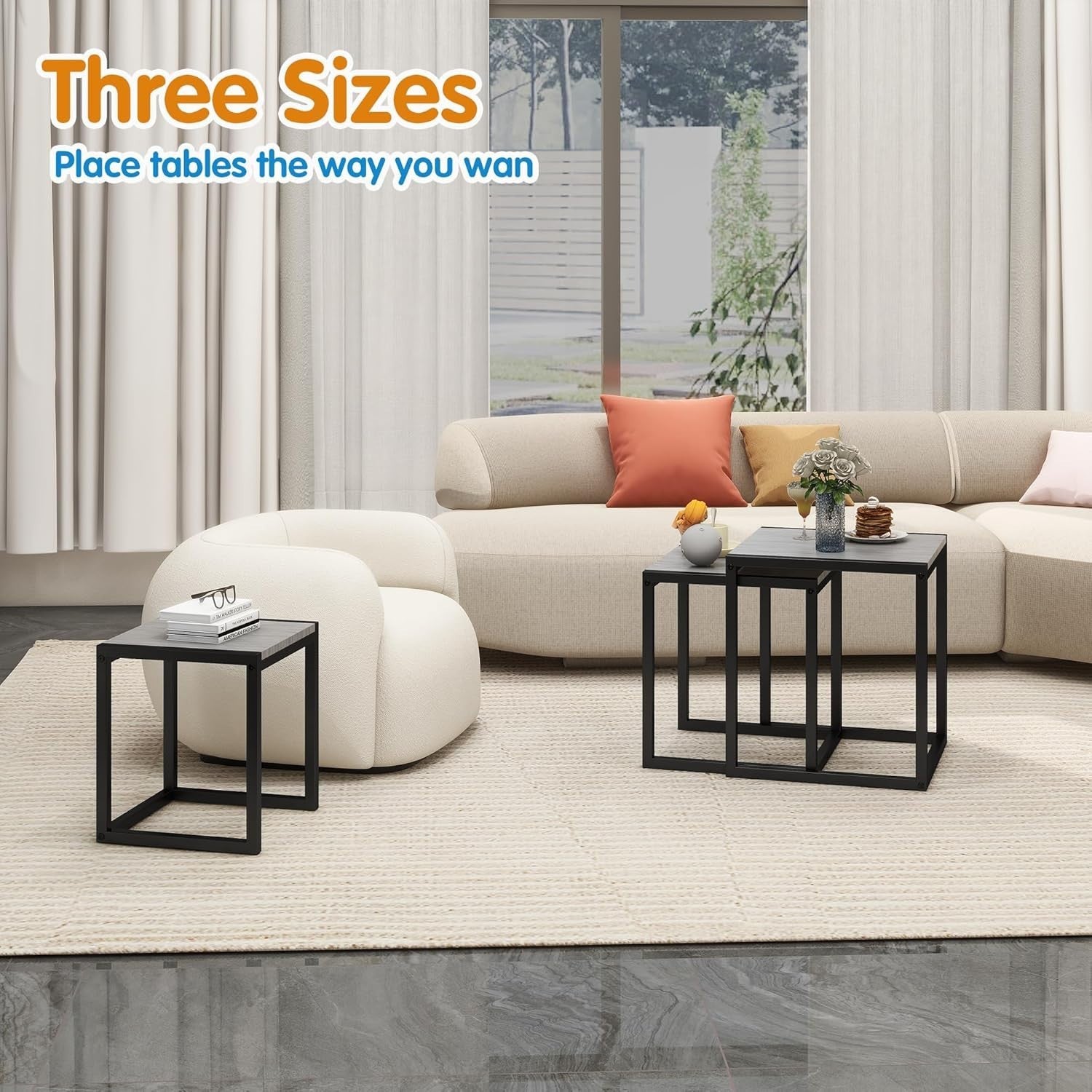 3 Nesting Coffee Tables Set Wood Metal Grey Round Side End Modern Living Room
