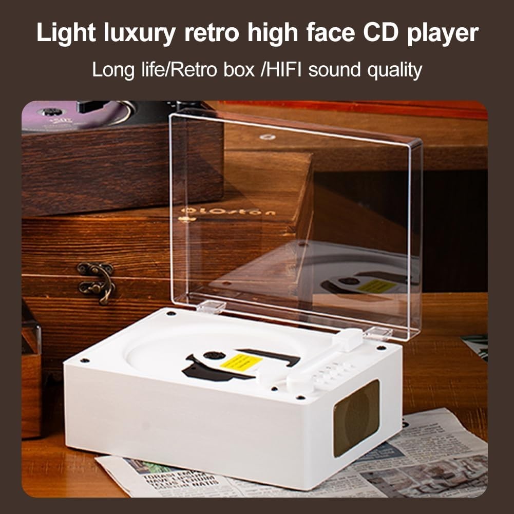 Retro Bluetooth CD Player Rechargeable Speakers USB AUX Remote White