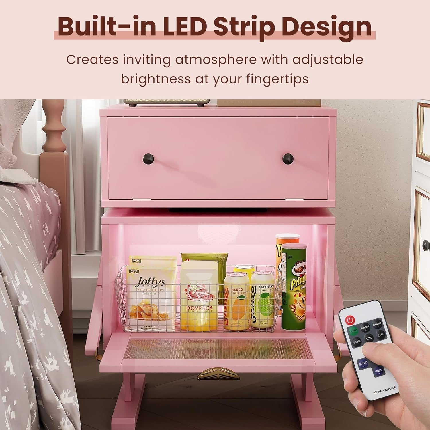 Kids Nightstand with LED Lights Pink Bedside Table Robot Design Storage