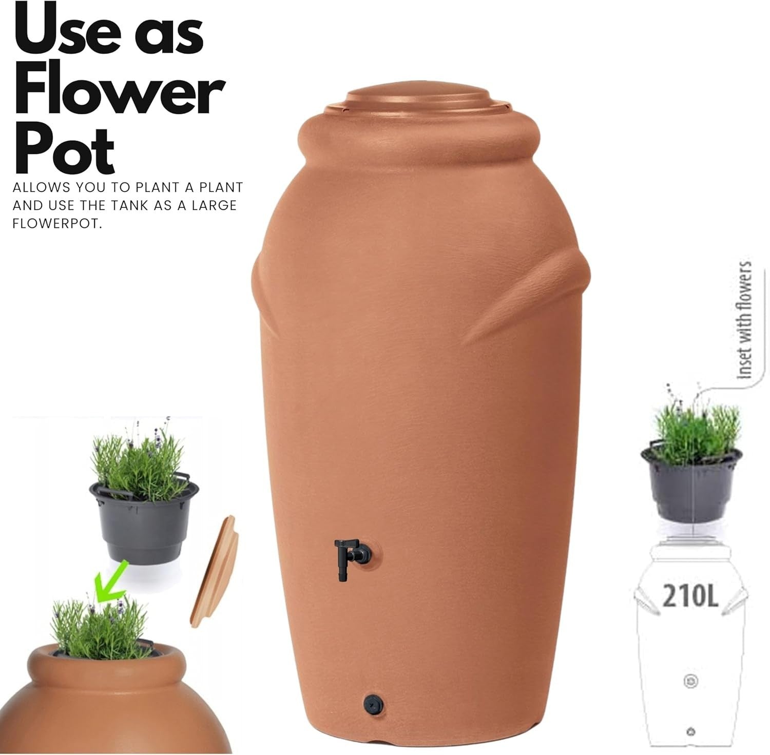 210L Amphora Water Butt With Tap Diverter Bio Cleaner Terracotta Garden