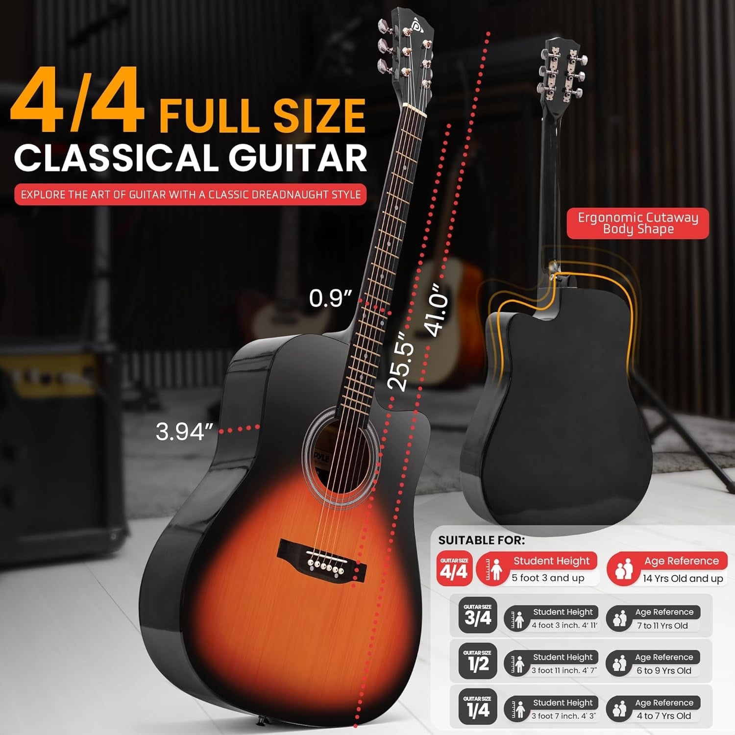 Full Size 41in Acoustic Guitar Cutaway Starter Sunburst