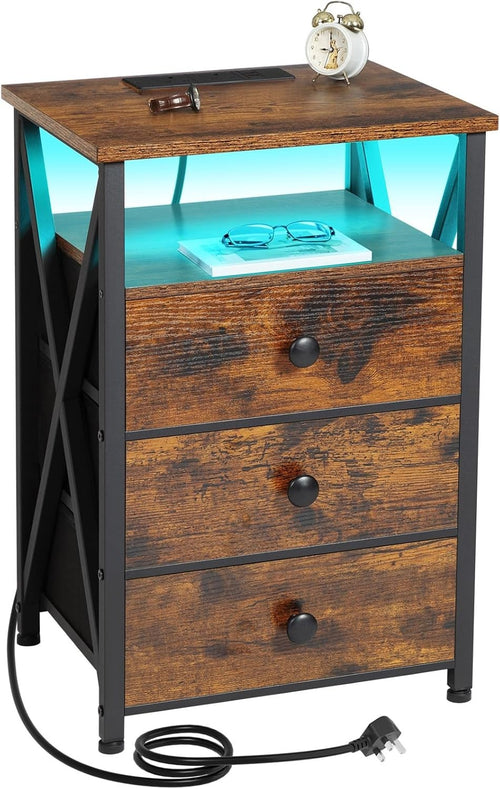 Rustic LED Bedside Table with Charging Station | 3 Drawer Nightstand