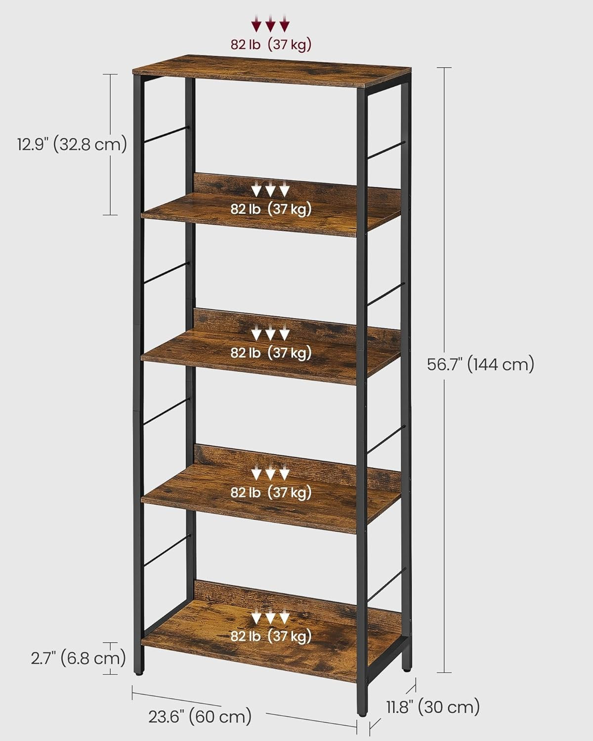 5-Tier Industrial Bookshelf Unit | Rustic Brown Storage Shelving for Home Office