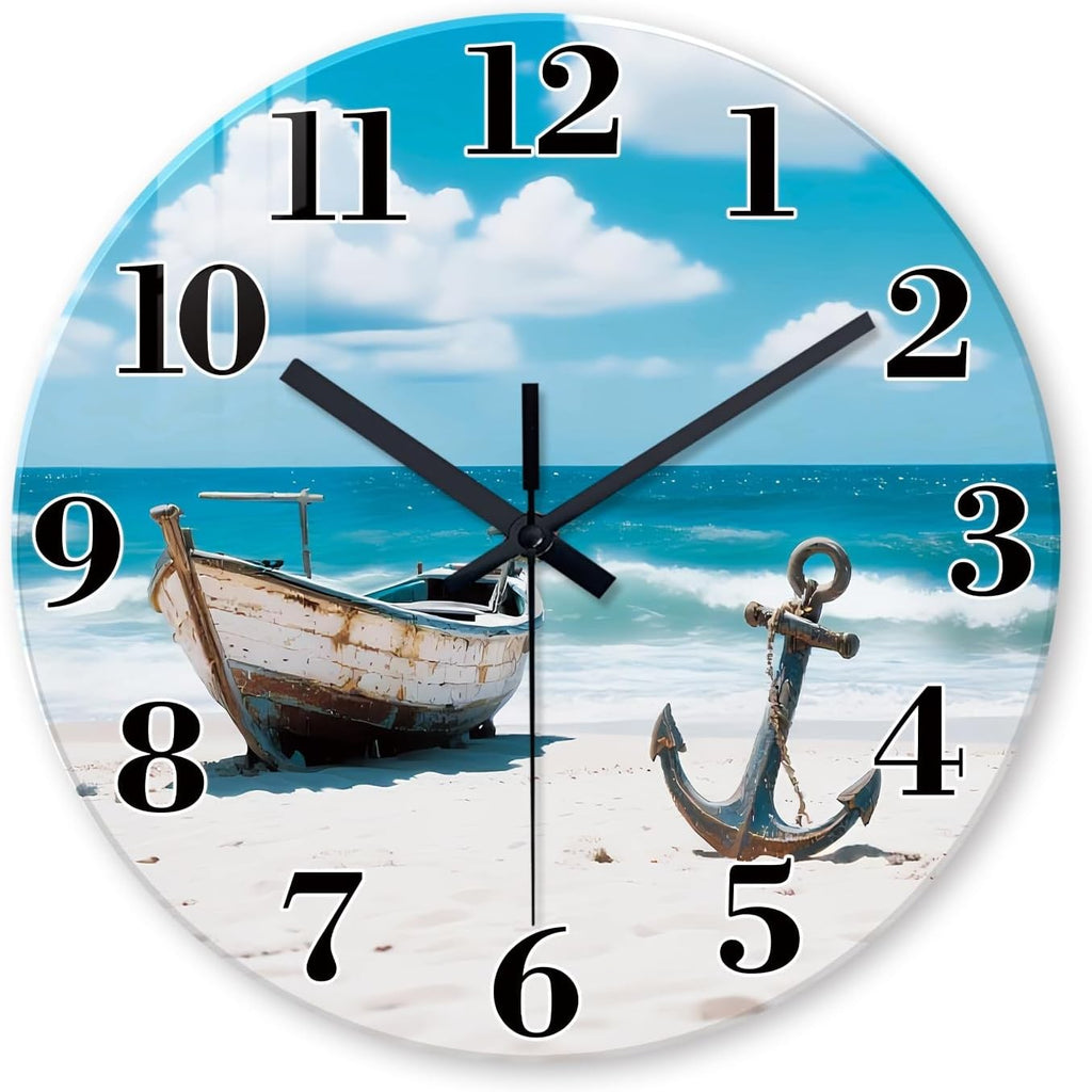 14" Coastal Beach Wall Clock Silent Non-Ticking Blue Ocean Boat Decor