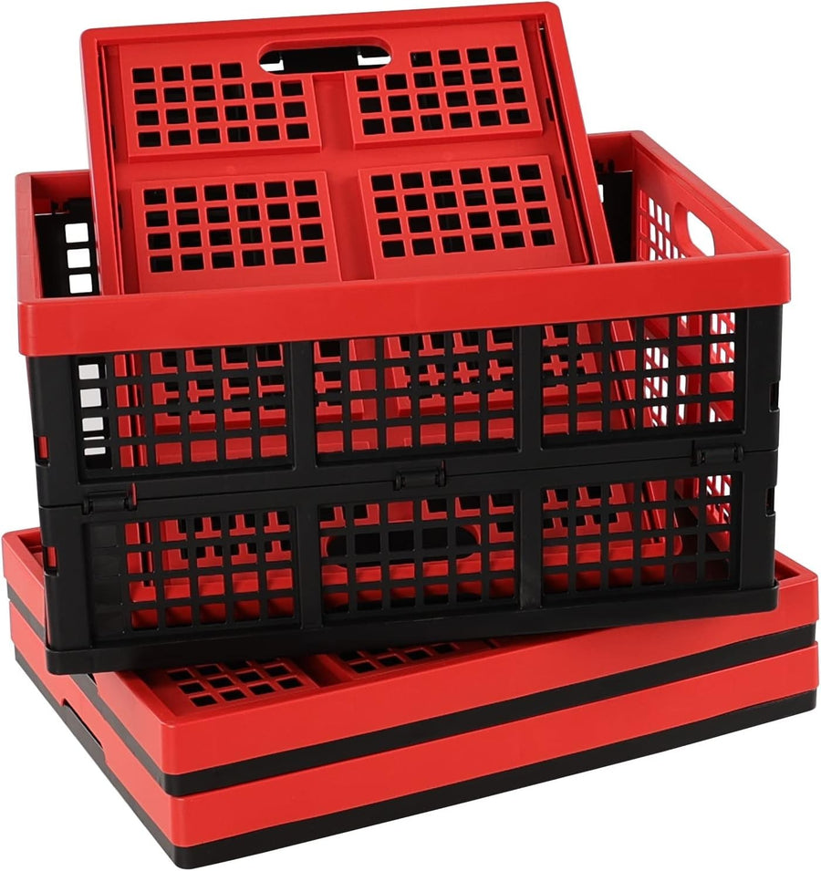 4 Pack 32L Folding Plastic Storage Crates Stackable 44.5x33.6x23cm Red