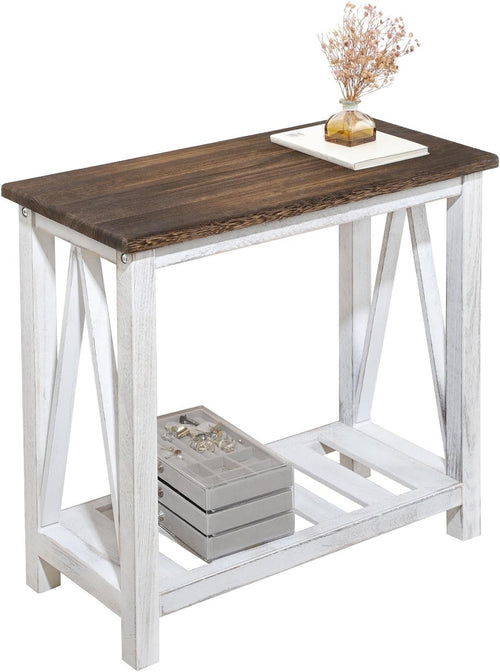 Rustic Brown & White Farmhouse End Table with Storage Shelf, Space-Saving