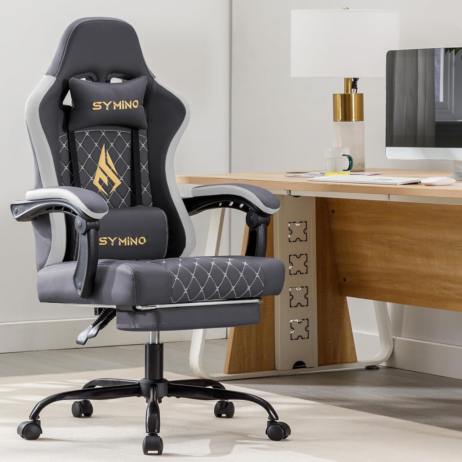 Ergonomic Gaming Chair w/ Footrest Recliner PU Leather Grey Grey White