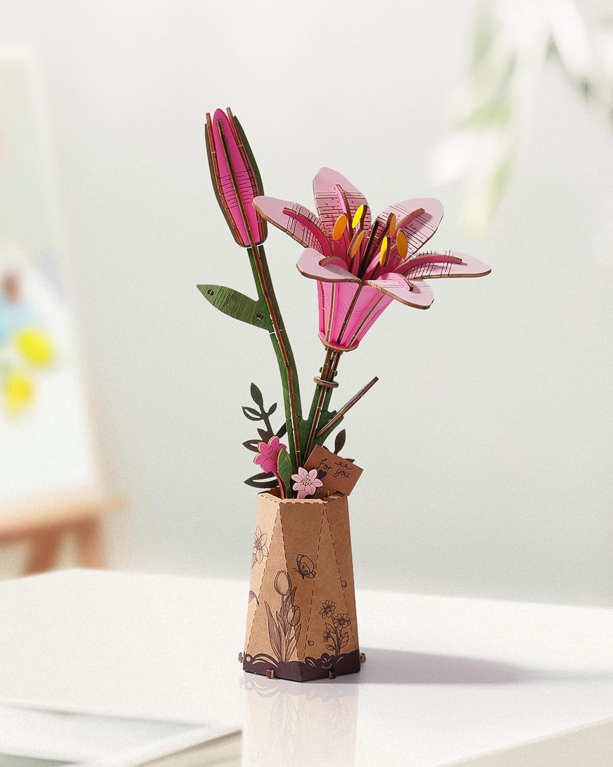 3D Wooden Pink Lily Puzzle Kit for Adults – DIY Flower Decor Gift Set