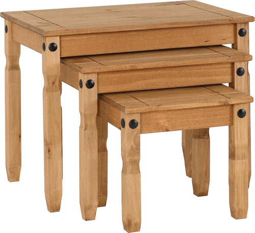 Set of 3 Distressed Pine End Tables Wood Nesting Side Living Room Furniture