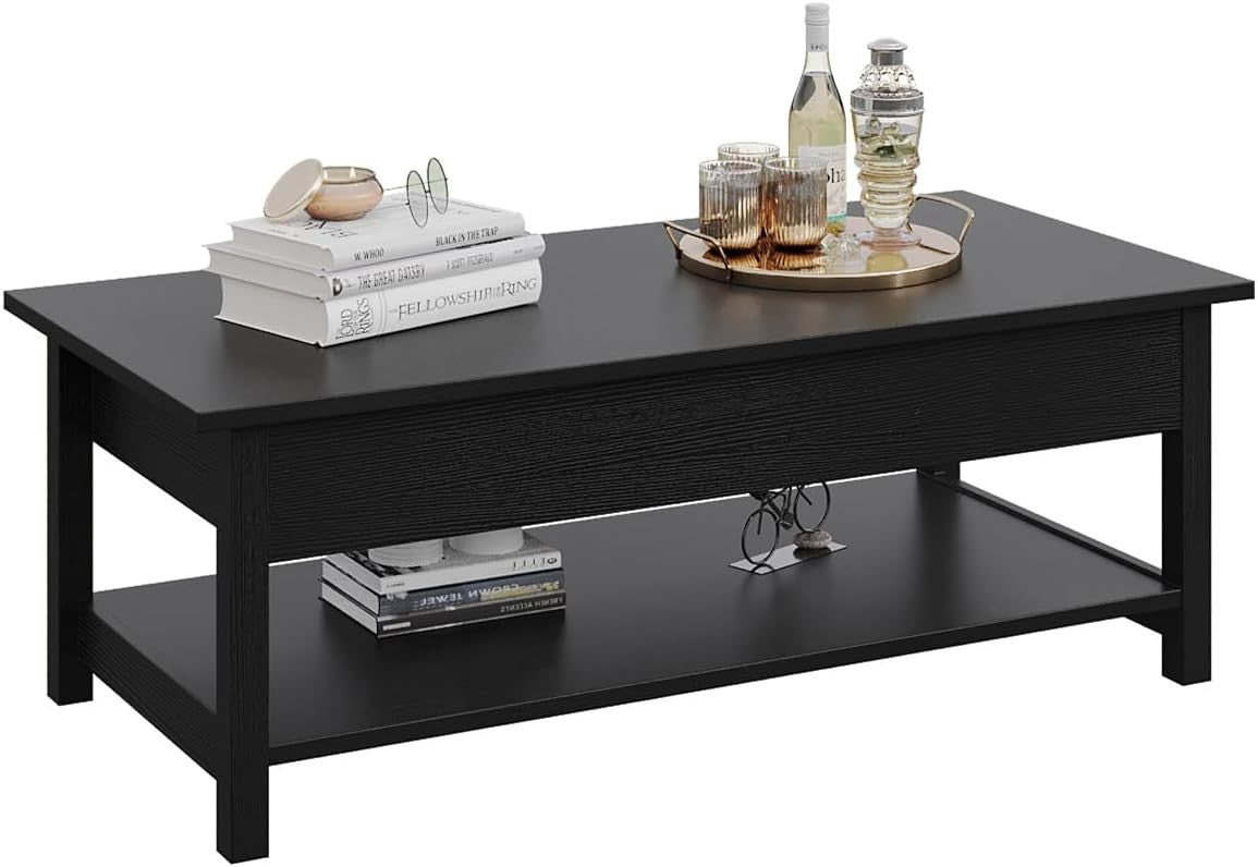 Lift-Up Top Coffee Table with Hidden Storage & Open Shelf, Black Wood
