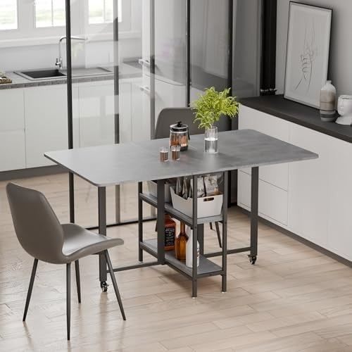 Grey Drop Leaf Folding Dining Table with Storage Shelves 140cm