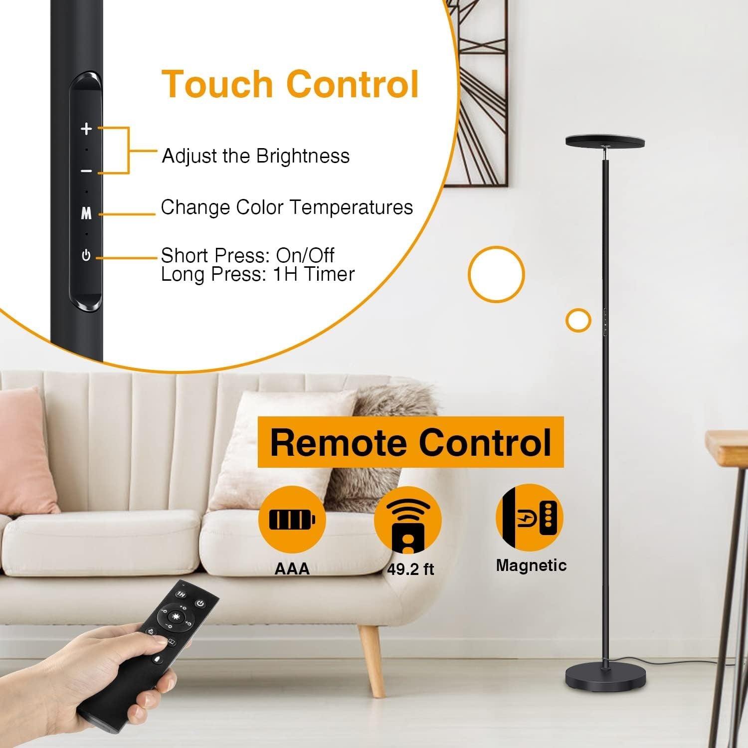 LED Uplighter Floor Lamp 3000LM Dimmable Torchiere Remote Touch Black