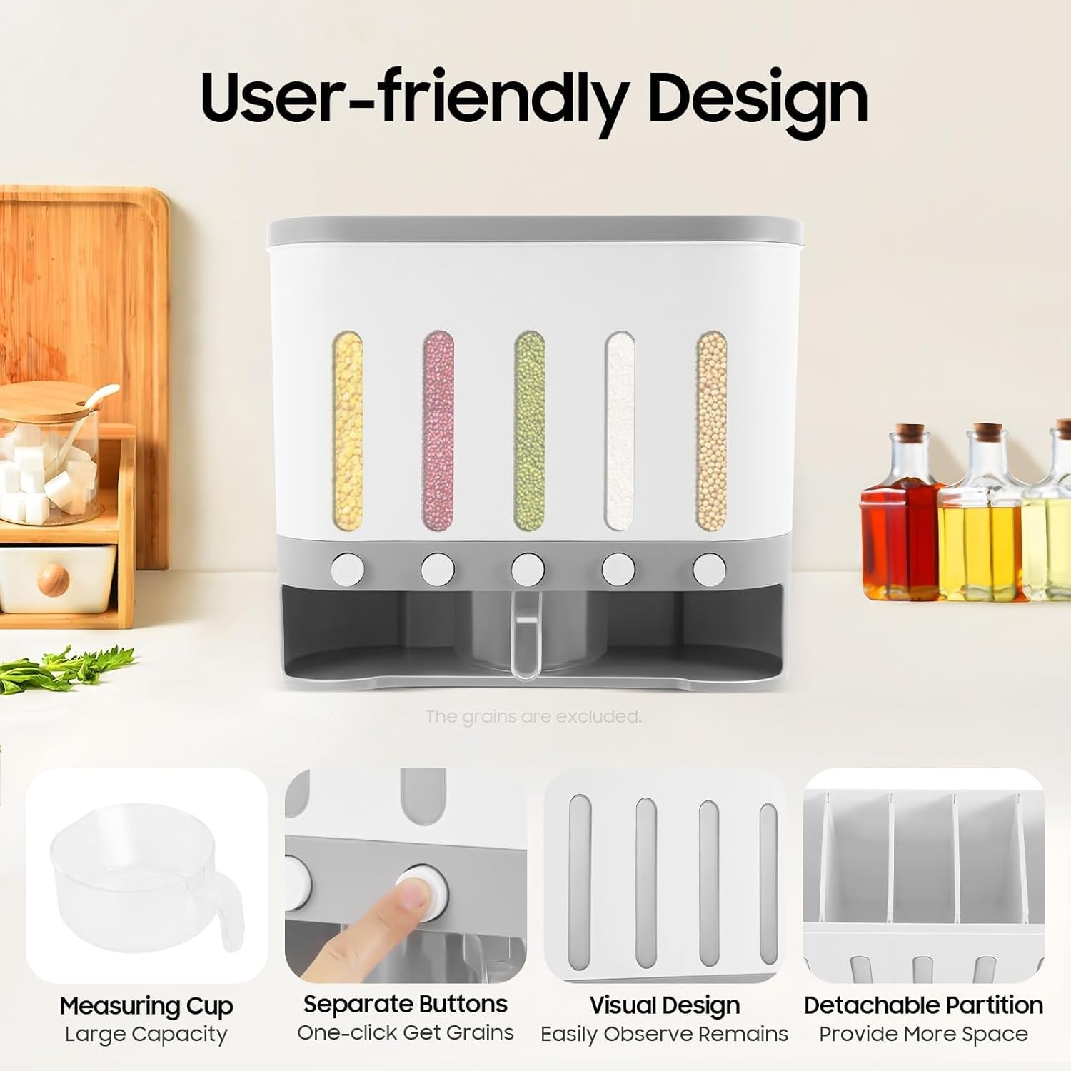 5 Grid Wall Mounted Dry Food Dispenser Rice Grain Storage Container