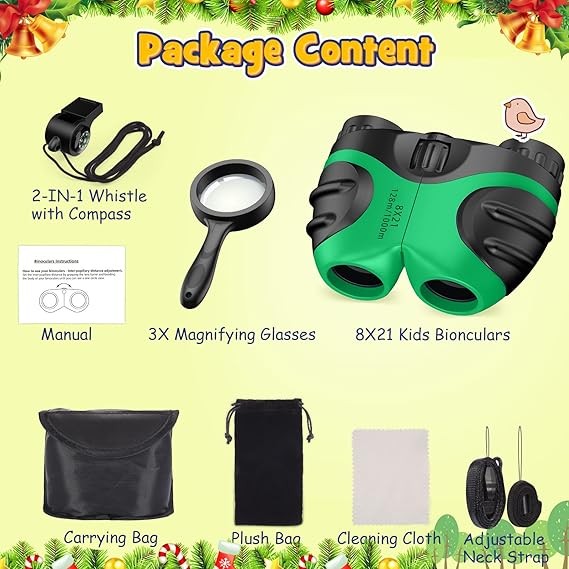 Kids 8x21 Waterproof Binoculars with Compass & Whistle Outdoor Explorer Set