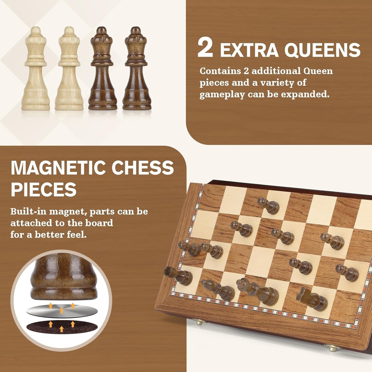 38cm Magnetic Wooden Folding Chess Set with Extra Queens & Storage Box