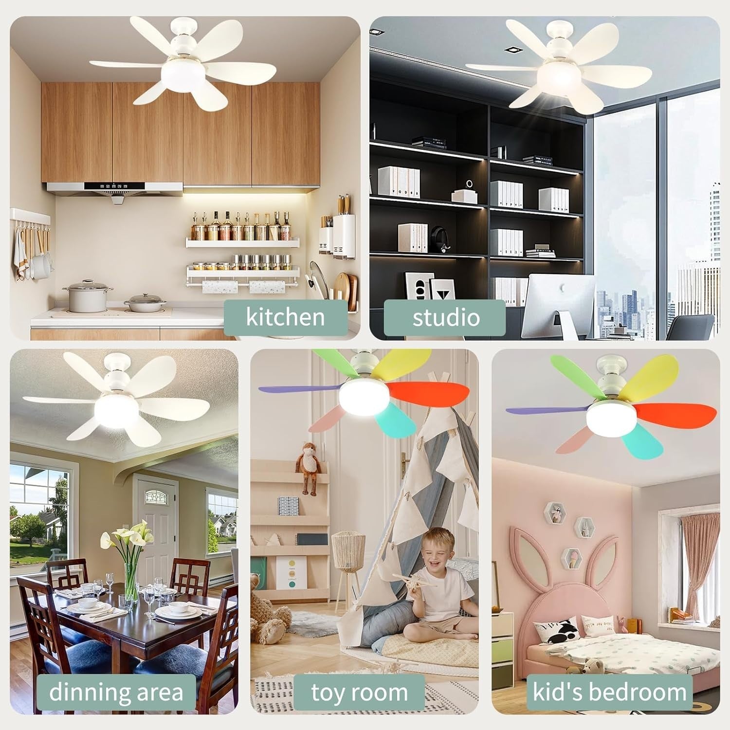 Socket Ceiling Fan with Light, Remote, E27 Base, Rainbow & White Blades, LED