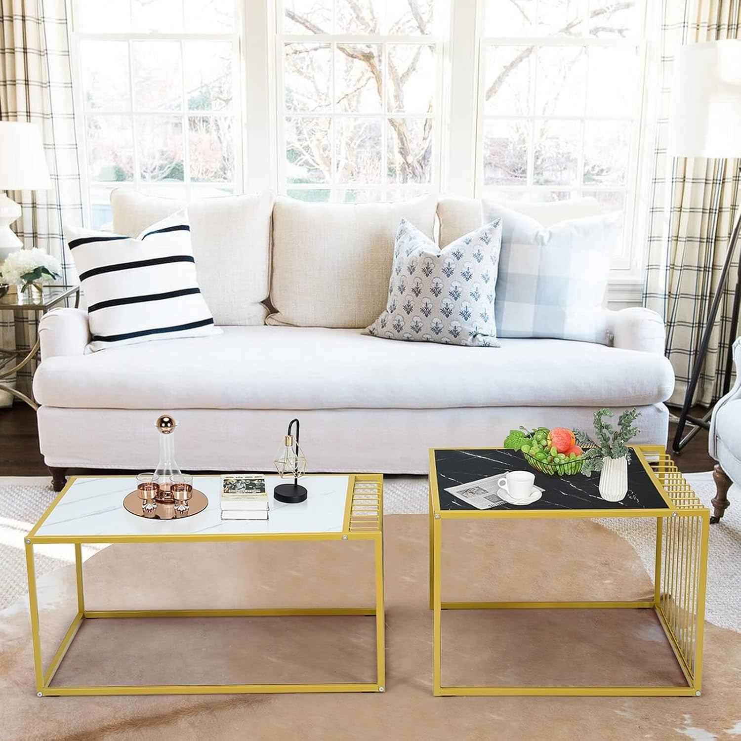 2X Modern Square Nesting Coffee End Tables Faux Marble Top Metal Frame 50KG