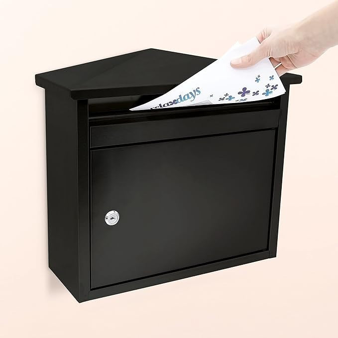Wall Mounted Lockable Mailbox Black Iron Weatherproof Post Box A4 Slot