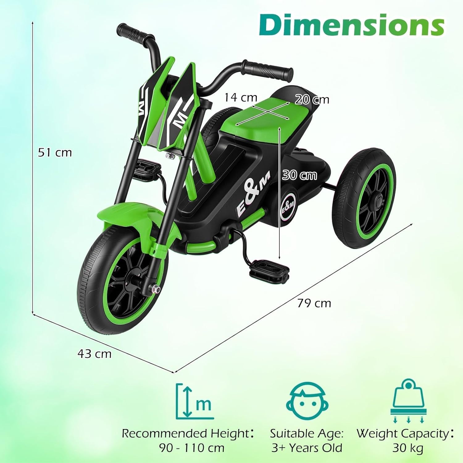Kids Tricycle 3 Wheel Balance Bike Anti Slip Pedals Green Age 3+