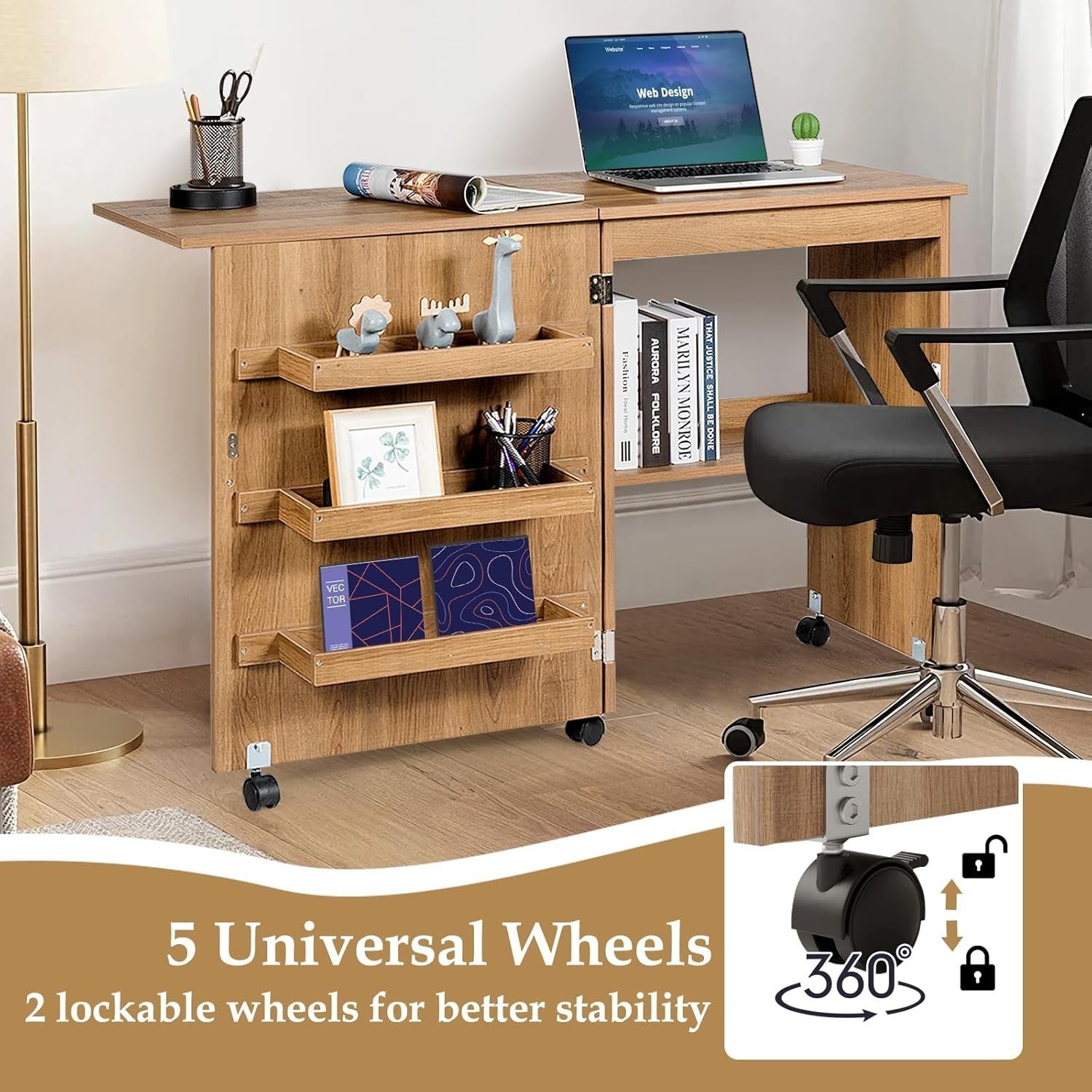 Folding Sewing Table 117cm Mobile Craft Desk with Shelves & Wheels Natural