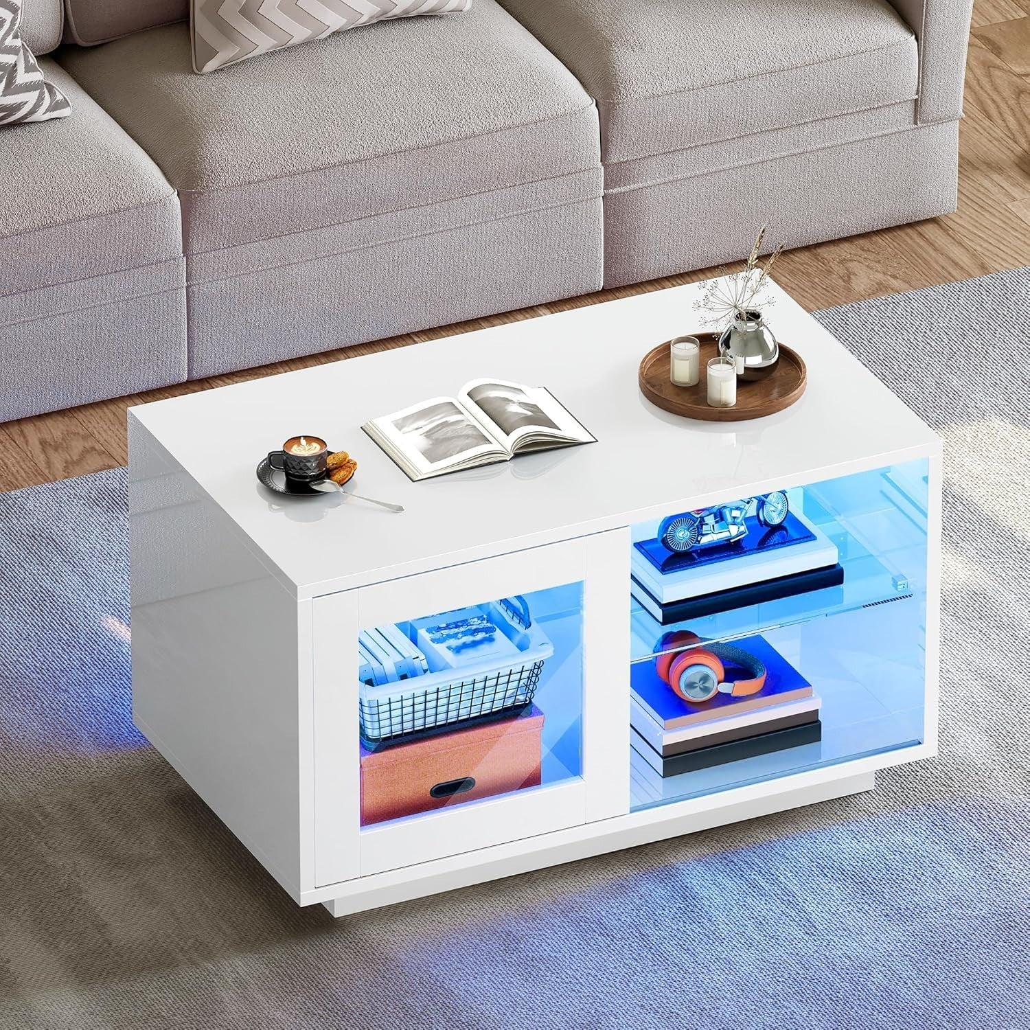 Modern White LED Coffee Table with Adjustable Glass Shelves 80x40x45cm